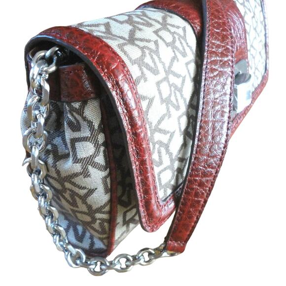 Dkny Mini Shoulder Handbag Jacquard & Red Leather Nappa Chain Clutch Purse New - Picture 4 of 4